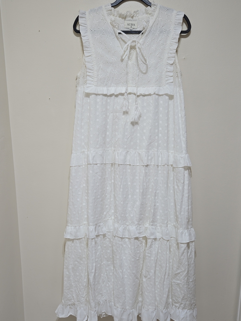 Aura White Eyelet Tiered Ruffle Tie-Neck Maxi Dress